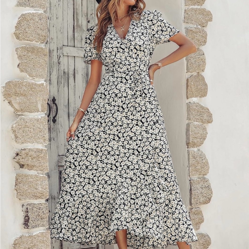 Chic Black and White Floral Maxi Wrap Dress